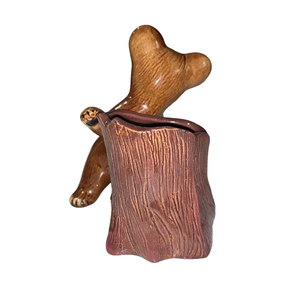 Vintage Brown Bear & Tree Stump Ceramic Spoon Holder flower vase - Picture 4 of 10